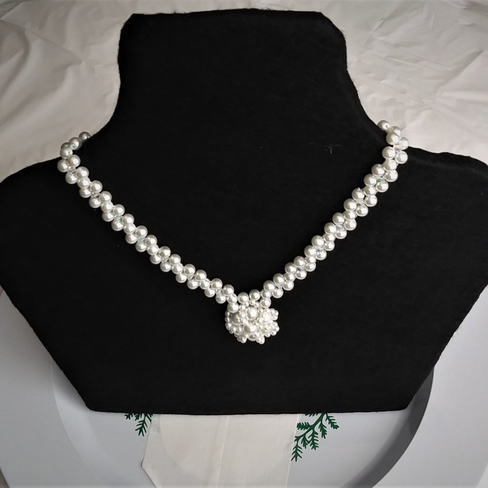Crystal Pearl Necklace, Handmade White Color